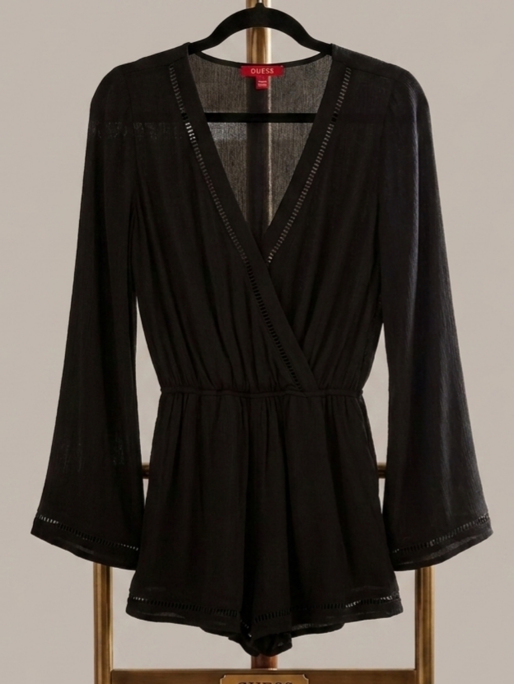 Guess Black Vneck  Romper With Lattice Edge Details, Sz Xs